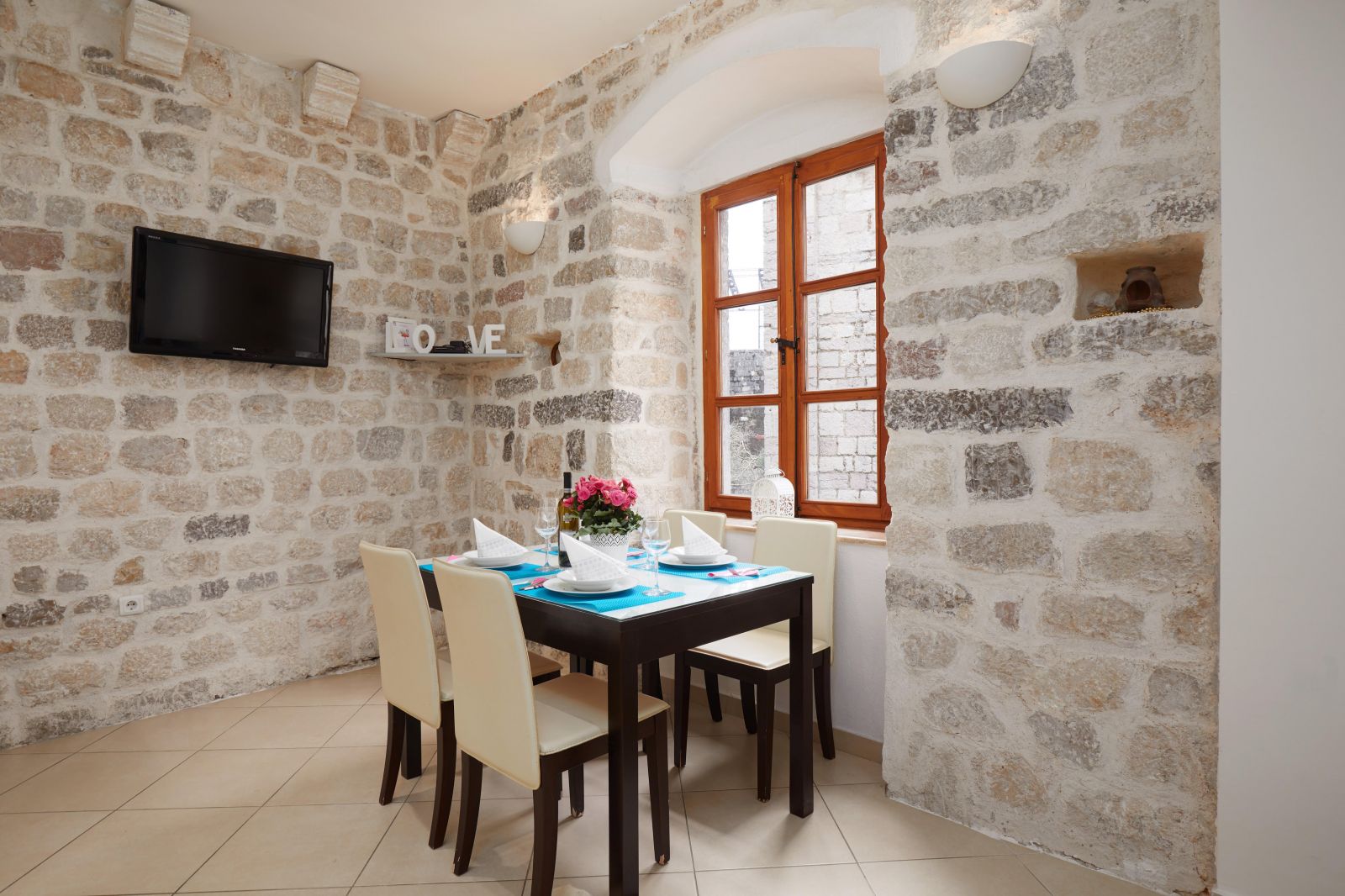 Kotor, Montenegro, dinning table and tv